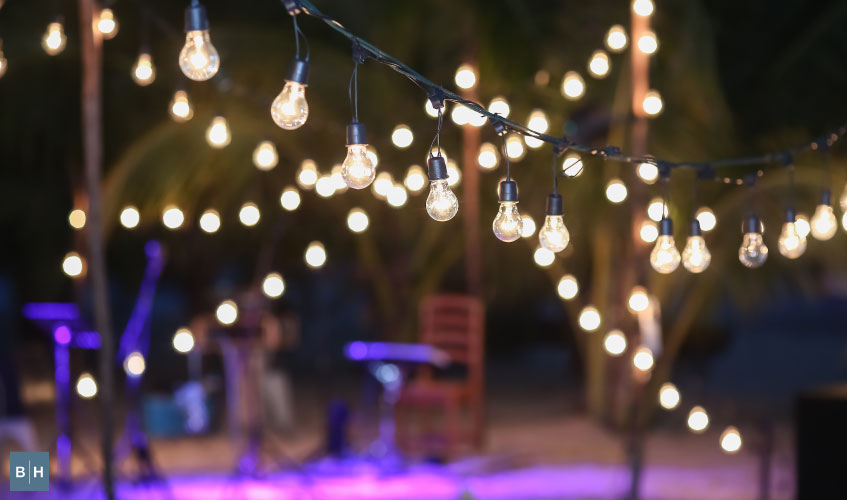Patio at night with decorative string lights